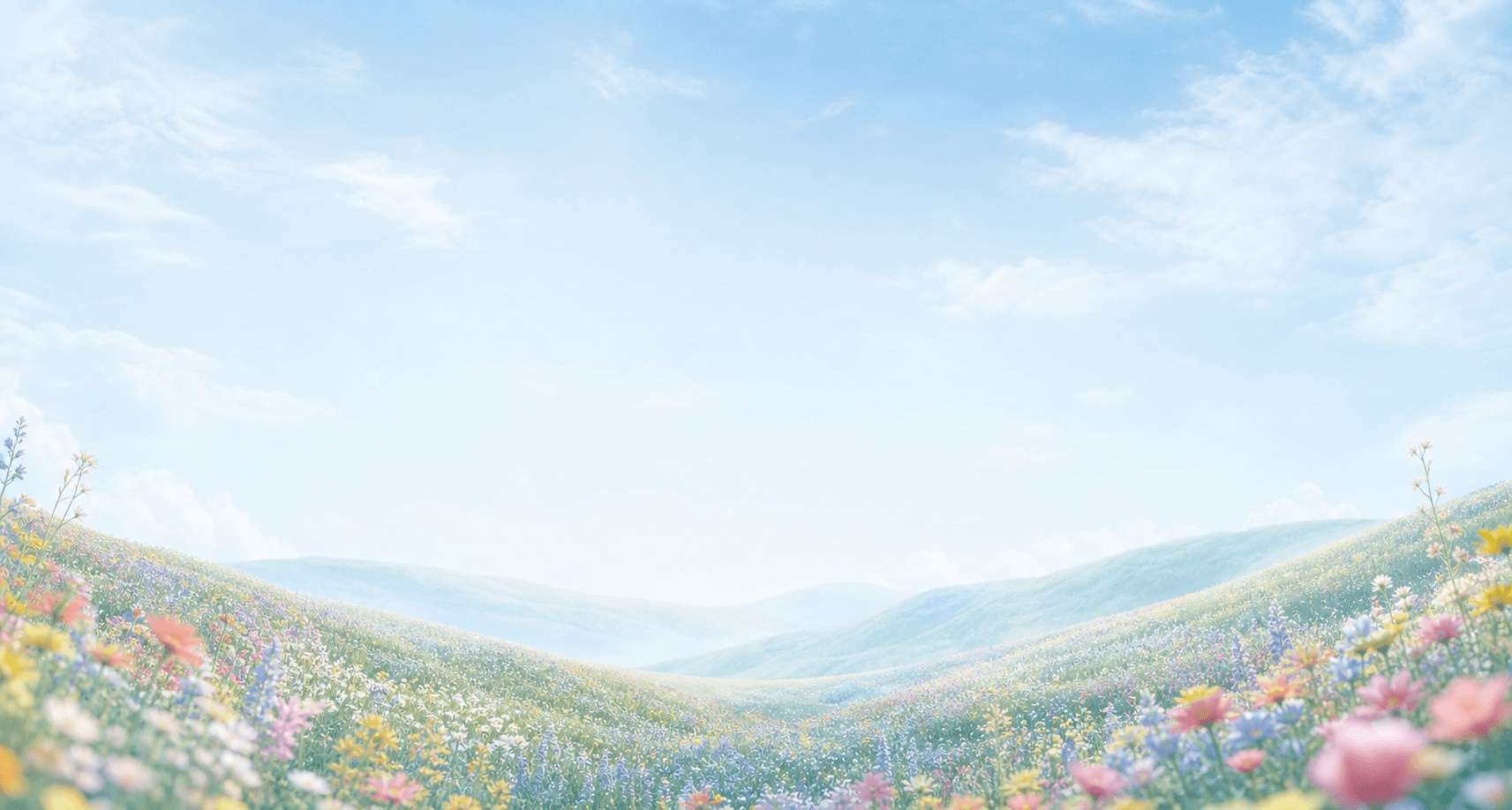 Wildflower-covered hills beneath an open blue sky