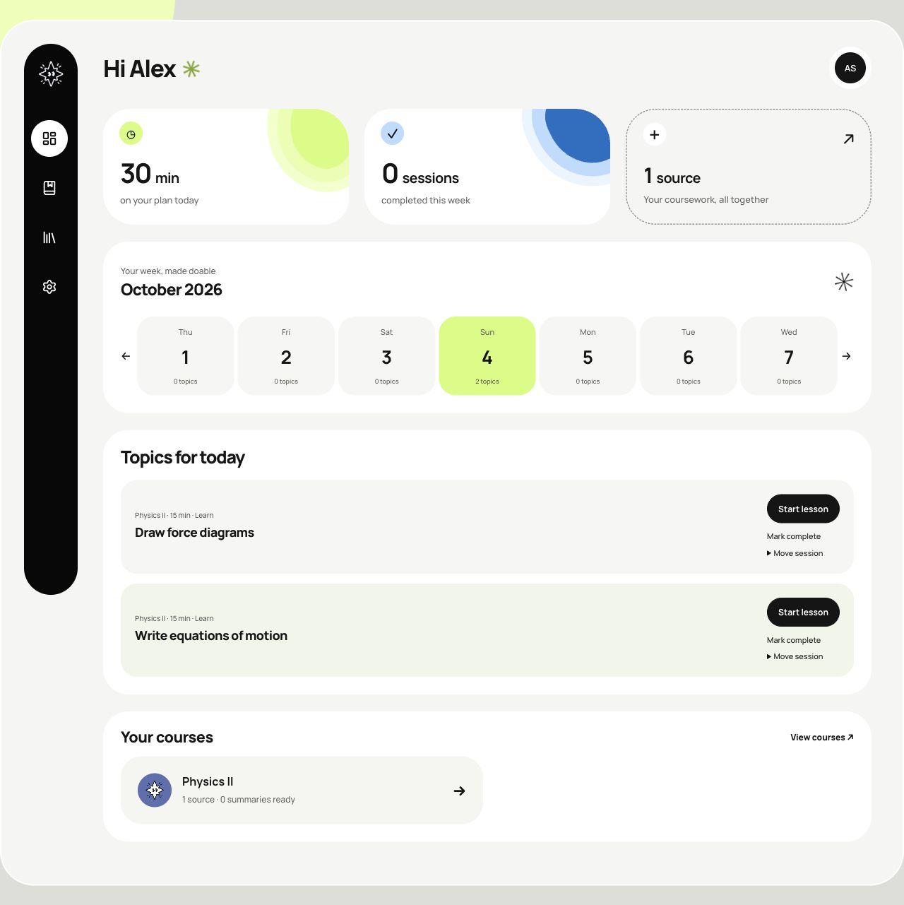 Knowable Home showing a weekly calendar, today's Physics II topics, and course materials